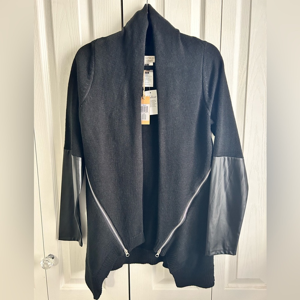 NWT Black Coatigan with Faux Leather Trim & Zipper Detail